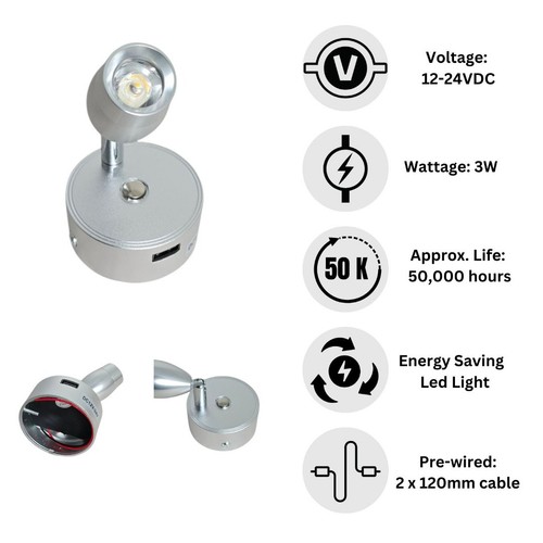12V LED Reading Light Touch Dimmable Spotlight USB Caravan Campervan Boat 3W Lam - Picture 2 of 12