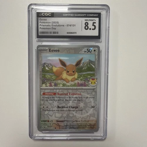 CGC 8.5 EEVEE 2025 POKEMON DAY PROMO PRISMATIC EVOLUTIONS REVERSE HOLO 074/131