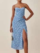 Reformation Kourtney Blue Floral Dress Midi High Slit Tie Shoulders Size 8