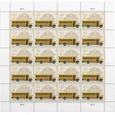 School Bus Additional Ounce USPS Postage Stamps - 1 Sheet of 20