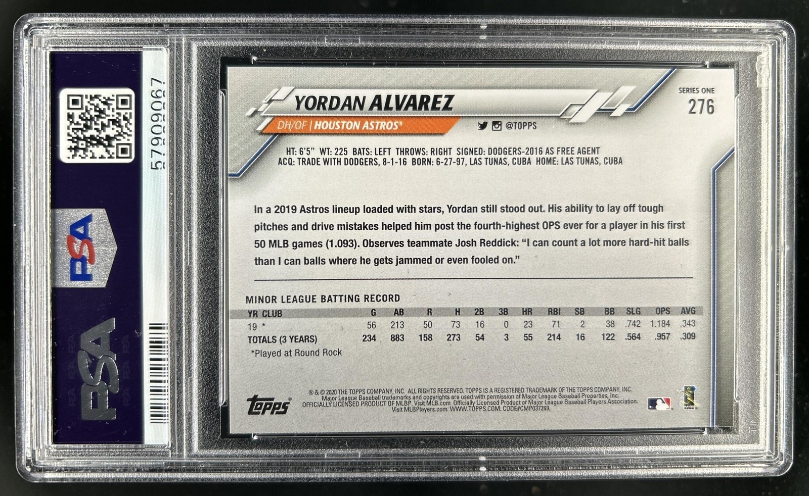 2020 Topps Yordan Alvarez RC Rookie All-Star #276 Astros PSA 10 GEM MINT view 2