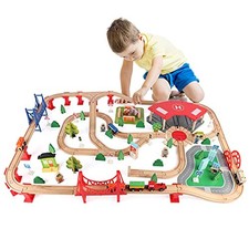 140 Pcs Wooden Train Set, Toddler Train Set Railway Kits for Kids Fits