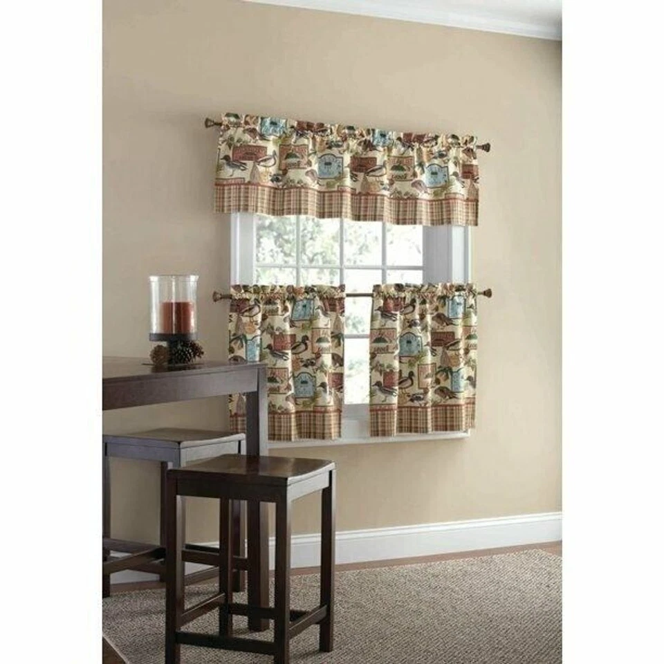 Pine Lake Fishing Lodge Kitchen Curtain 3-pc Vallance Tiers Retro Cabin Home  - Image 4 of 4