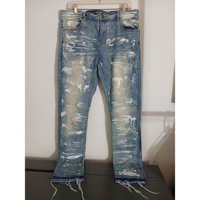 Pink Dolphin Mens 36 Distressed Paint Splatter Bleached Raw Hem Denim Jeans Blue