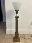 antique brass Corinthian column table lamp Victorian White Milk Glass Shade Harp