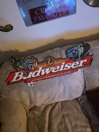Budweiser Frank & Louie The Lizards Sign Vintage rare beer bar metal tacker htf