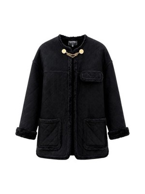 Montone Shearling Chanel Boutique Leder gesteppt gesteppt schwarz Pre Owned