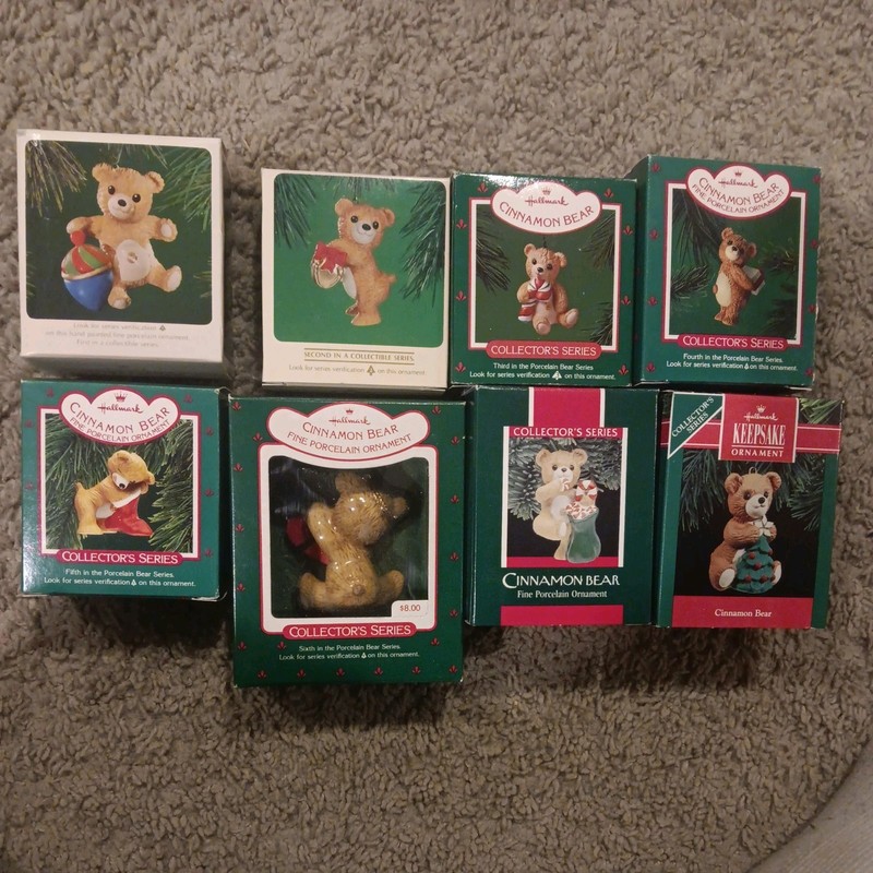 Hallmark Porcelain Cinnamon Bear Ornaments Complete Set 1st - 8th 1983-1990