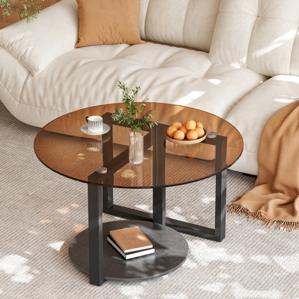 Couchtisch Rund Wohnzimmertisch Modern Glastisch mit Gehärtetem Glas+Alu 80cm
