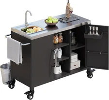 55.5" Outdoor Kitchen Island with Sink, Metal Grill Cart Table with 304 Stainles