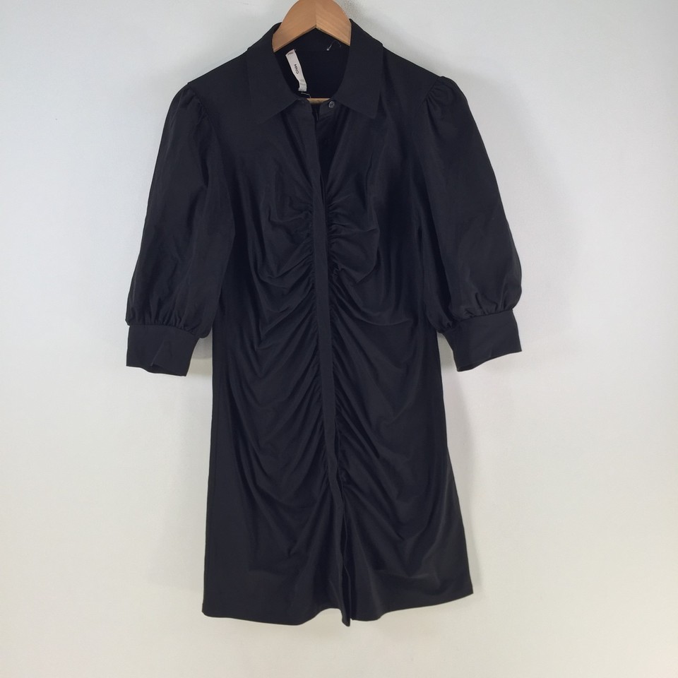 Mango womens shirt dress size L aus 10 black mini ruched 3/4 sleeve 127643
