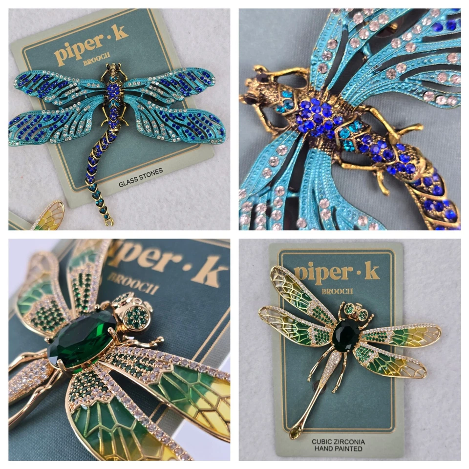 Set 2 Piper K Large Dragonfly Brooch Pin Rhinestone Kinetic Insect Bug Fairy NEW