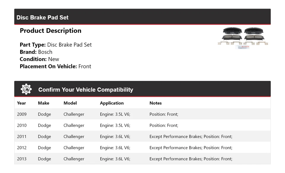For 2009-2013 Dodge Challenger Bosch QuietCast Ceramic Brake Pads Front 2010 - Imagem 2 de 4