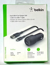 🔥 Belkin Boost Charge Dual USB-A Car Charger 24W + USB-A to USB-C Cable 🔥