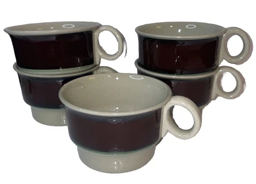 Set of 5 Sweden Hoganas Keramik Stoneware Coffee Mugs Blue & Gray Vintage MCM
