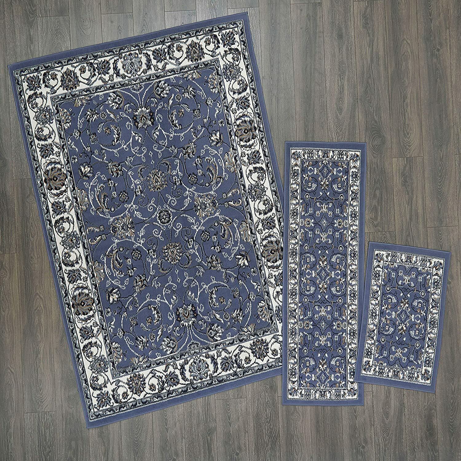 Blue 3pc Area Rug Set Border Accent Mat Room Carpet Runner Scatter 5 x ...