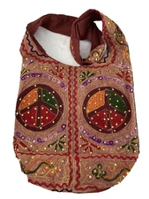 Hippie Beach Peace Sign Sequins 1960s Bag BOHO Cotton Satchel Love