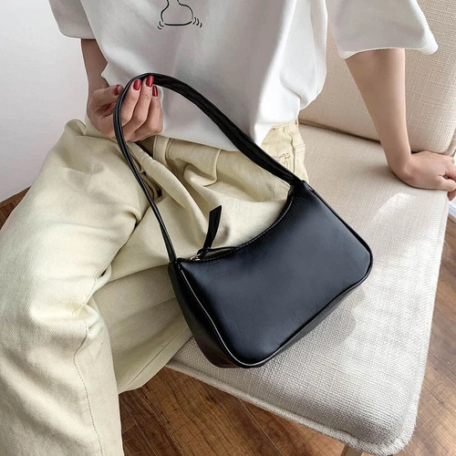 Bolso de hombro de cuero PU suave para mujeres color liso moda negro - Imagen 2 de 12