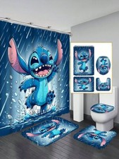 Stitch Disney Cartoon Shower Curtain Set, Stitch Cartoon Toilet Seat Cover Set