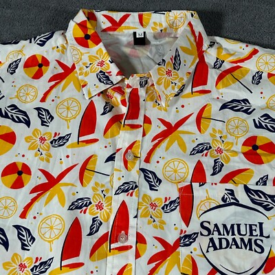 Samuel Adams Men's M Hawaiian Button-Up Shirt White Red Yellow Floral Tropical