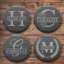 Custom Engraved Slate Stone Coasters Set of 4 Personalized Round Gift Present
