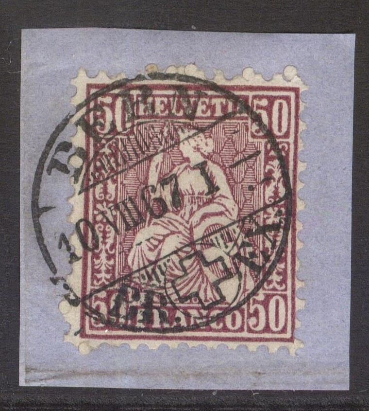 スイス　ヘルベチア50c 1867〜78 SWITZERLAND 59 Z43 1867-78 50c VIOLET SEATED HELVETIA USED