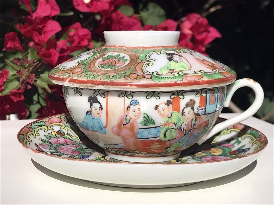 Antique Rose Medallion China Hand Painted Porcelain Cup And Saucer With