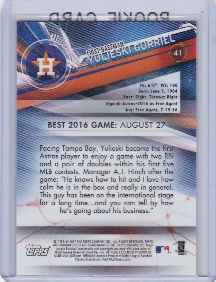 Tarjeta de novato Yulieski Gurriel Houston Astros de béisbol 2017 Bowman's Best RC Foto 2 de 2