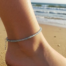 Dainty Aquamarine Beaded Faceted Blue Gemstone Anklet Healing Summer Women Gift