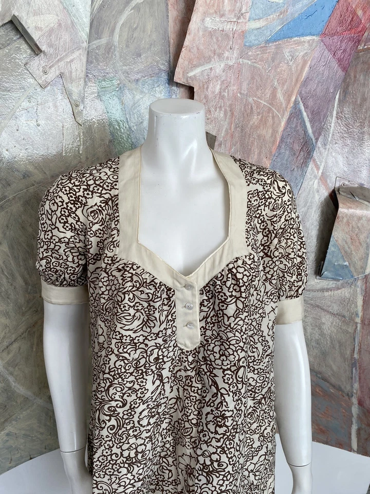 Vestido Mayle Maison Marrón Crema Seda Blanco Floral Fluido Manga Corta Talla 2 Cambio Foto 2 de 4