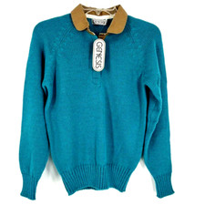 NWT Vintage Genesis Small 80's Teal/Green/Blue LS Knit Sweater Tan Collar