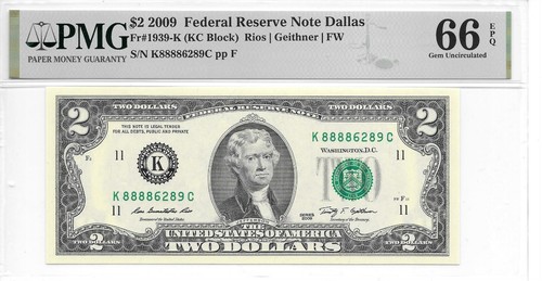 2009 Dallas $2 FRN Lucky Money KC Block PMG 66 EPQ Gem Uncirculated (K8888xxxxC) - Picture 5 of 6