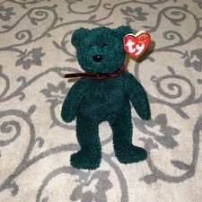 TY Beanie Baby 2001 Holiday Teddy Green Bear with Rare Tag Error  inside stamp