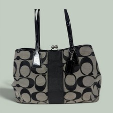 Y2K Coach Signature C Jacquard Shoulder Bag Black Cream Leather Trim PurseF13533