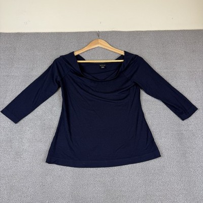 Ann Taylor Navy Blue Draped Cowl Neck 3/4 Sleeve Knit Top Capsule Wardrobe Small