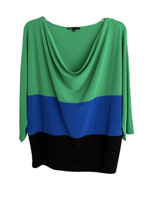 Chaus Top Womens Large Cowl Neck 3/4 Sleeve Stretch Colorblock Shirt Pullover