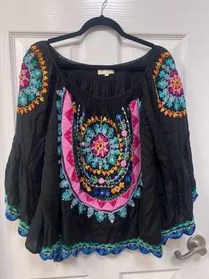 Floral Embroidered Tunic Blouse Bell Sleeve Blue Cotton Gypsy Boho Festival S/M