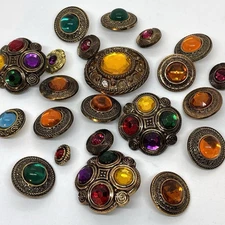 Vintage Plastic Jewel Buttons Rhinestone Multicolor Faux Metal