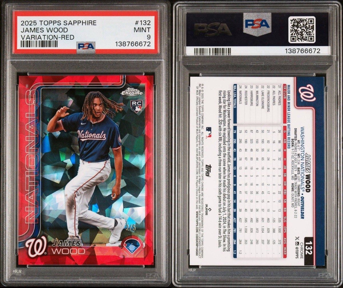 2025 Topps Sapphire James Wood RC Red IV Variation SP #2/5 PSA 9