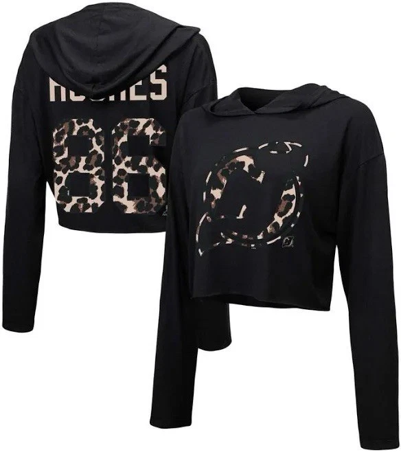 NUEVA CAMISETA DEVILS JACK HUGHES NHL MUJER ESTAMPADO LEOPARDO CAPUCHA RECORTADA XL NUEVA SIN ETIQUETAS Foto 4 de 4