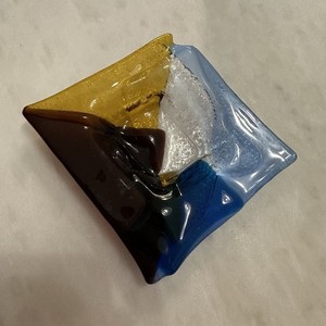 Handmade Fused Art Glass Dish Amber Cobalt Brown Abstract Modern Square 4.25”