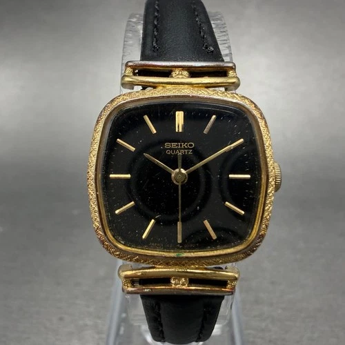Seiko Watch Women 21mm Black Dial gold Tone Rectangle 1421-5110 New Battery