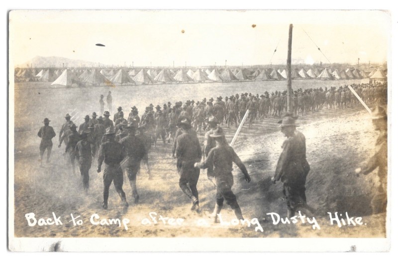 RPPC "Back to Camp After a Long Dusty Hike" Military Camp Real Photo c1910s