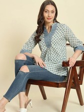 Indian Women Gray Cotton Geometric Printed Kurta Kurti Top Tunic Bell Sleeves