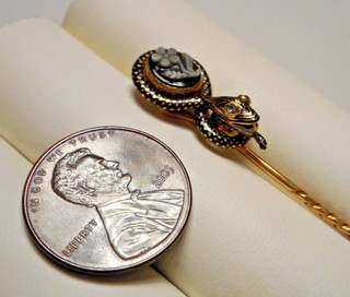 Antique 10K Gold Coiled Snake Mourning Stickpin Floral Agate Dia Eyes Hair 3.7g