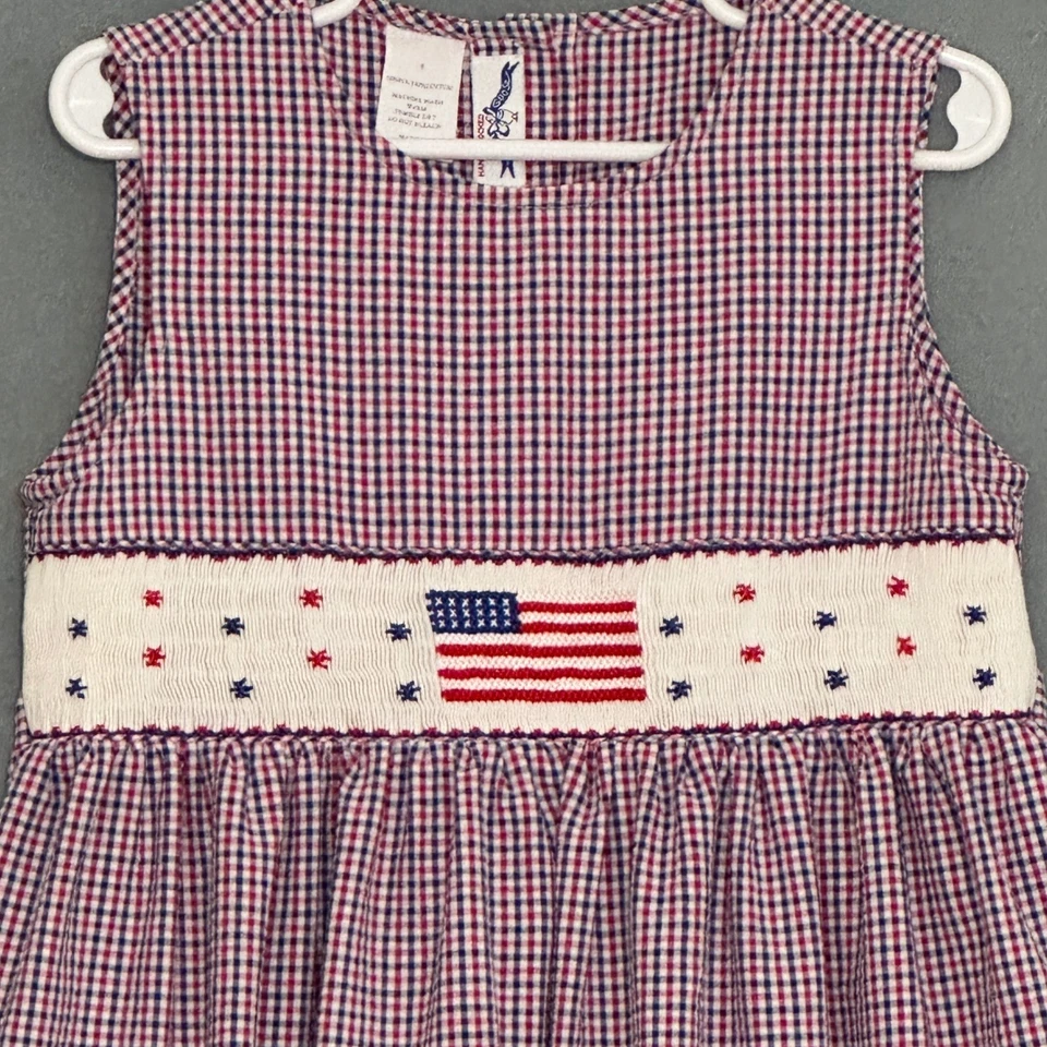 Vestido Vintage Niñas 6 Rojo Azul Guinga Calado Bandera Americana Estrellas Patriótico Foto 3 de 4