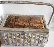 Vintage Woven Wicker Sewing Basket Box Tapestry Scene Large & Contents