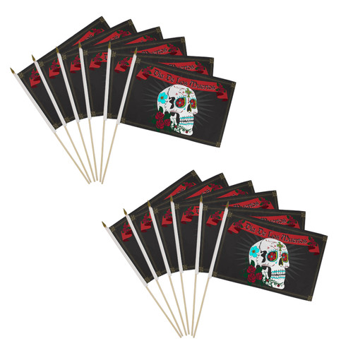 12pc Pack of Day of the Dead 12x18in Stick Flags for Dia de Los Muertos Parades