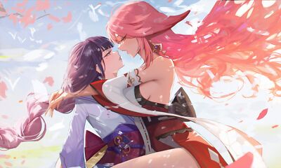 Anime genshin impact fox girl girls face to two women Playmat Gaming Mat Desk