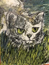 Original Artwork Cat in Grass Spring Pet Animal ACEO Handmade Signed By Artist